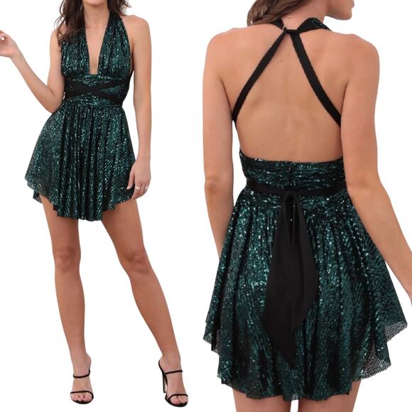 Lucy in the Sky Jazz Sequin Halter Mini Dress Backless Wrap Ties Green Womens M - Picture 1 of 8